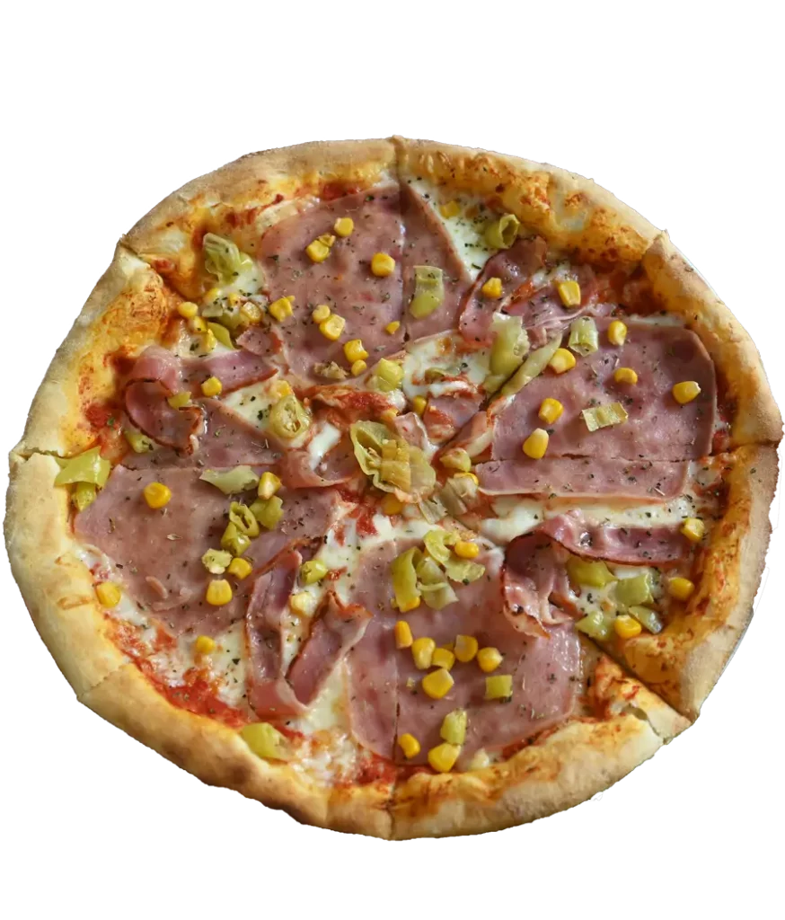 Pizza mit Schinken, Mais und Peperoni