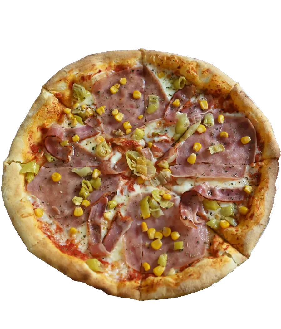 Pizza mit Schinken, Mais und Peperoni