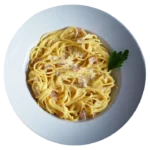 A plate of creamy pasta carbonara garnished with a sprig of parsley.